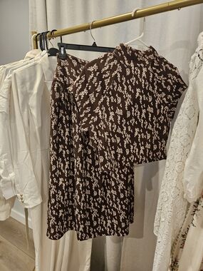 Anthropologie Brown and Light Pink Floral Skirt Set